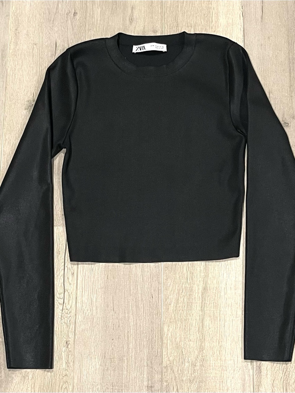 Zara Black Ribbed Knit Cropped Sweater Top Long Sleeve Size M